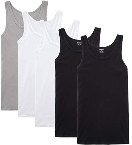 NUOZA Mens Vest Tank Top 5 Pack Fine Rib Muscle Shirts Cotton -Black White Gray,M