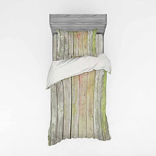 Ambesonne Fence Duvet Cover Set, Old Painted Hardwood Planks Vintage Weathered Grunge Toned Garden Background, 3 Piece Bedding Set with Sham and Fitted Sheet, Twin Size, Pale Sage Green