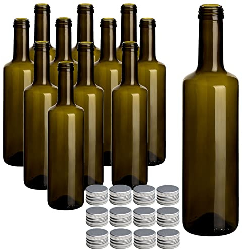 gouveo Juego de 12 botellas de cristal Caesar de 500 ml, con tapa plateada, tamaño pequeño, 0,5 L, con tapón de rosca para licor, chupitos, aceite, vinagre