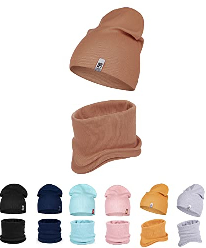 HEYO Ensemble d'écharpe tubulaire pour enfant pour fille garçon et printemps bonnet tricoté écharpe, marron, 48