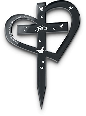 Großes Tier Grab Kreuz mit Gravur aus Acrylglas - personalisierte Grabdeko Katze Hund - Grabstecker Tiere in Kreuz mit Herz Form als Andenken - große Motivauswahl! - wetterfest für Tiergrab Grab
