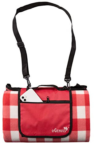eGenuss 1 Set Picknickdecke 200x200 cm wasserdicht isolierend abwaschbar faltbar kleines Packmaß | Picknick Strandmatte mit Reißverschlusstasche, Griff und Schulterrieme | Rot