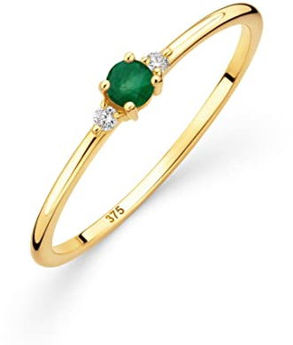 OROVI anello donna Oro 9Kt vero, con Diamanti e uno Smeraldo - Oro Giallo - Gioielli donna - Gioiello Ipoallergenico - Fatto a Mano