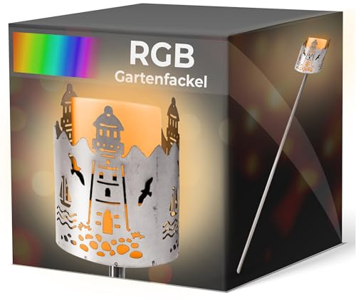 Gartenfackel RGB LED Leuchte Motiv Leuchtturm - Rost Lampe Gartenlampe RGB LED Leuchte für draußen Gartenleuchte Fackel Garten