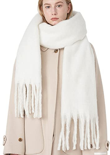 OUNIYA Stor tjock halsduk överdimensionerad fluffig halsdukar filt stor ull tjock vinter varm, Kallt vitt G9, L
