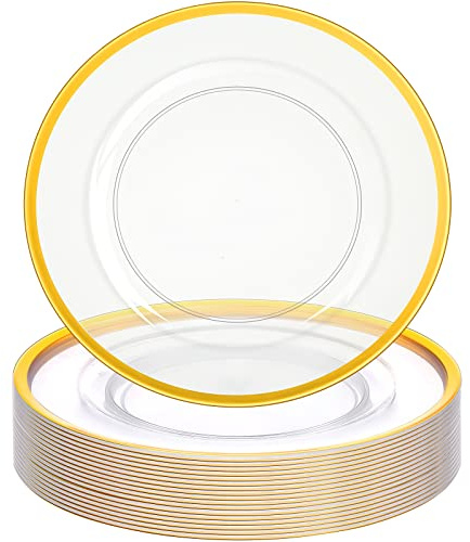 Pinkunn 24 Stück transparente Ladegerät-Teller, 33 cm, transparent mit goldfarbenem Rand, Kunststoff-Ladegerät, runde Kunststoff-Ladegerät-Teller, Abendessen, Tischdekoration