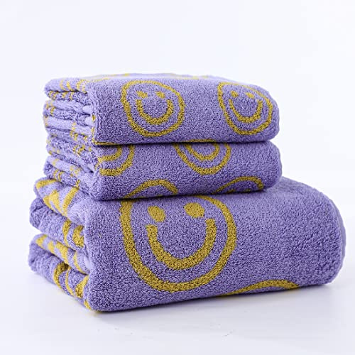 IDORESPELL Luxury Purple Yellow Cute Smiling Face Bath Towel Sets for Bathroom, 1 Bath Towels 2 Hand Towels Washcloths, 100% Cotton Ultra Soft Highly Absorbent for Women Kids Girl Boy Face Body