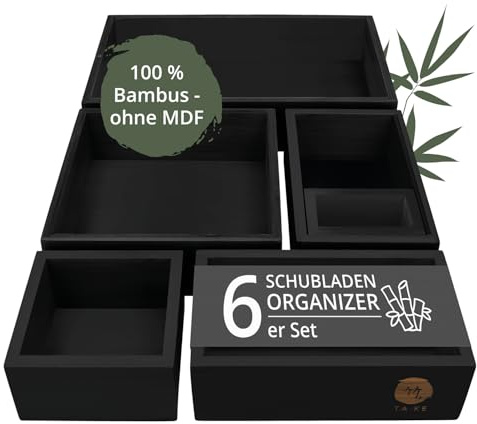 TAKE Schubladen Organizer 6-teilig I Boxen aus 100% Natur Bambus (Schwarz) | Boxen in verschiedenen Größen für Küche, Bad & Büro I Drawer Organizer Schublade I Schminktisch Organizer Bad