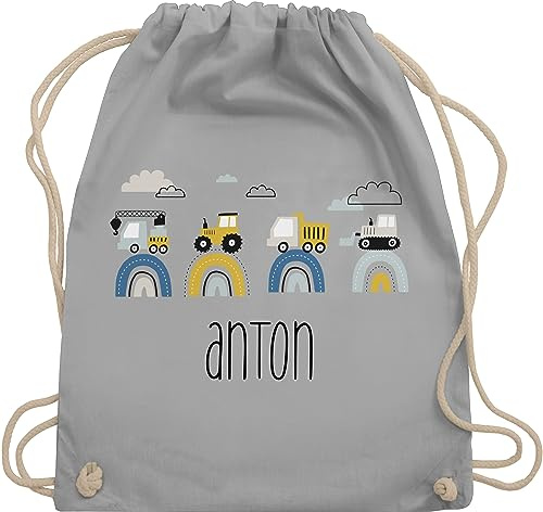Turnbeutel Rucksack - Baustelle I Traktor I Bagger I Kran I Kipper I LKW I Planierraupe - Unisize - Hellgrau - rucksäcke kindergarten junge personalisierter stoffbeutel trecker traktoren traktor,