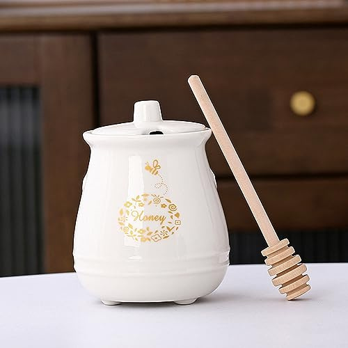 TINGJUNN 360.0 g Keramik Honigglas mit Deckel Honigglas mit Holz Honigschaufel, Honigglas Set, Haus und Küche für Honig Lagerung (Weiß)