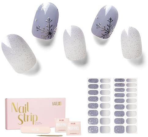 NAILOG Weihnachten Nagelfolie UV Härtend, 34 Stück Ombre Nagelsticker Selbstklebend, Lang Anhaltende Gel-Nagelstreifen, UV Gel Nagelfolie in Salonqualität,Snow Rain