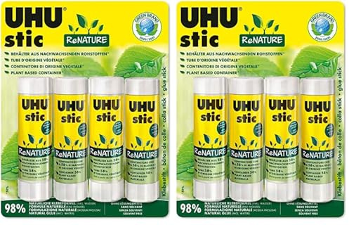 UHU Stic ReNATURE - Bâtons de colle sans solvants, blanche, lot 4 stics de 40g (Lot de 2)