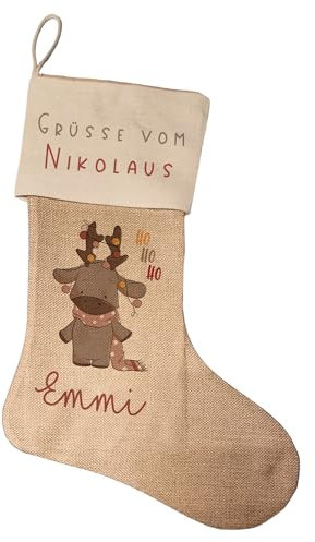 Kilala Nikolausstrumpf zum befüllen Weihnachsstrumpf mit Name personalisiert Kinder Erwachsene Aufhängen für Weihnachtsdeko (Elch Grüße vom Nikolaus)