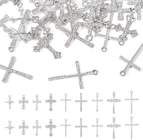 Cheriswelry 36 x Kreuz-Anhänger mit Strasssteinen, religiöse Kruzifix-Anhänger für Halsketten, Armbänder, Schmuckherstellung