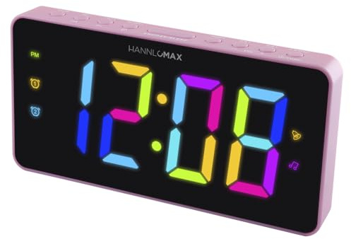 HANNLOMAX HX-160CR PLL FM Radio Alarm Clock, 2.5 LED Display with RGB Color (7 Regular Colors and 4 Dynamic Color Charging Mode), Display Dimmer Function, AC Operation only. (Pink)