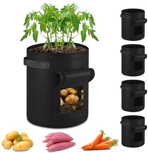 ECCOGREAT Pflanzsack aus Vlies Stof,5 Stück Pflanzkübel aus 260 g/m²mit Starken Griffen für Kartoffeln,Tomaten,Erdbeeren,Blumen,Pflanzen und Gemüse