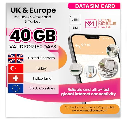 Love Mobile Data Only Sim Card - International Multi-Network 4G/5G Prepaid Data Sim for Mobile Phones, WiFi Routers, & More, UK (O2, Three & Vodafone), Europe, Switzerland & Turkey - 40GB for 180 Days
