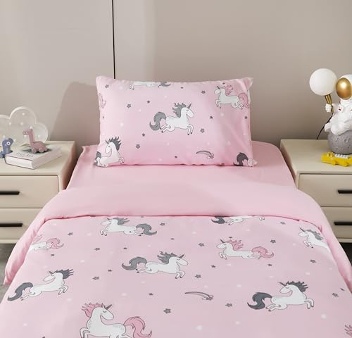 BOD HOME Juego de Sábanas Infantiles 3 Piezas, Sábana Bajera 100x200x25cm, Sábana Encimera 160x260cm, Funda Almohada 45x75cm, 100% Poliester, Diseños Divertidos, Rosa Unicornios, Fundas Ajustables
