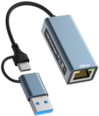 Adaptateur USB vers Ethernet 2.5 Gbps, USB C vers RJ45 LAN 2500 Mbps, Adaptateur Ethernet USB 3.0 Compatible avec Windows 7/8/10/XP, Mac OS, Linux, Vista, etc