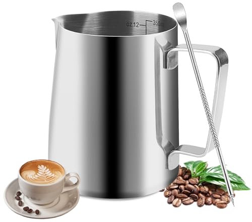 Jarra Leche Barista, 350ml Jarra para Espuma Mano Acero Inoxidable con Escala, Aguja para Latte Art Incluida, Adecuada para Baristas para la Preparación de Cappuccino, Espresso y Latte (Plateado)