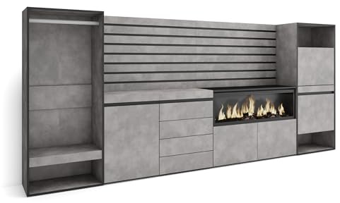 Skraut Home | Sideboard, Kommode | Aufbewahrungsschrank | 334x145x35 cm | Für Schlafzimmer | Elektrokamin XXL | Kommode mit Schubladen | Schuhschrank | Offener Kleiderschrank | Moderner Stil | Zement