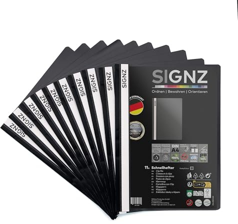SIGNZ Schnellhefter DIN A4, stabil, 11 Stück, schwarz, transparenter Deckel, CO2-neutral hergestellt, aus recycelbarem Kunststoff (PP), FSC Mix 70%, made in Germany
