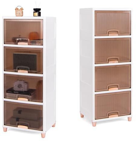 KOMFOTTEU 150 L Caja de Almacenamiento de 4 Niveles con Tapa, Contenedor Apilable con Puertas Magnéticas, Caja Organizadora de Plástico para Dormitorio, Salón, Oficina, 45 x 38 x 117 cm