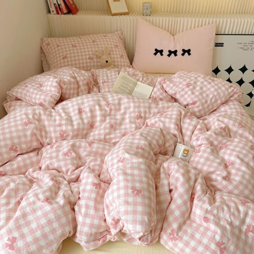 Nyescasa Housse de Couette 140x200 Rose à Carreaux Vichy Motif Nœud Papillon Moderne Parure de lit Adulte 1 Personne en Microfibre Housse Couette avec Fermeture Éclair et Taie d'oreiller 65x65 cm