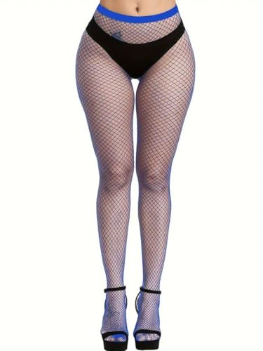 Boolavard nätstrumpor, hög midja tights för kvinnor, gnistrande strass fisknät fest, fisknät tights damer plus size en storlek passar alla, Kungsblå, one size
