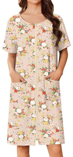 Ekouaer Women Zip Up Robe Short Bathrobe Lightweight House Coats Floral Print House Dress with Pockets Nightgown S-3XL