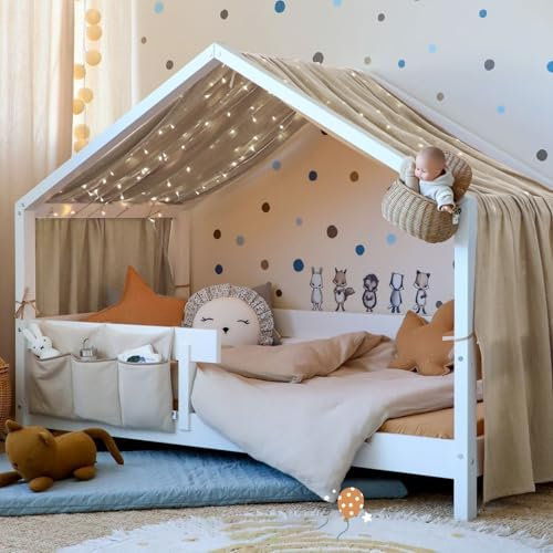 Vicloon Tenda Letto Bambini 100% Cotone, Tenda Letto Montessori per Letto Bambini, Baldacchini in Tessuto, Tenda da Letto per la casa in Mussola, 135 x 360 cm, Grigio Beige