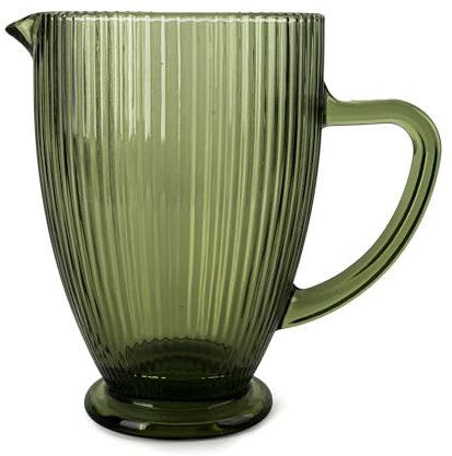 Vintage Ribbed Glass Pitcher, Large Green Water Jug with Handle