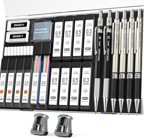Four Candies 27 Stück Druckbleistifte Set mit Etui, 4 Metall Druckbleistifte 0,3/0,5/0,7/0,9 mm & 2 Fallminenstifte 2mm (HB 2H 2B 4B Farbe) mit 552 Minen für Zeichnen Skizzieren