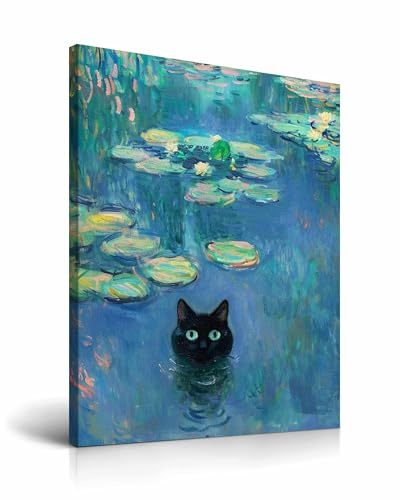 HesenDot Katzenkopf Wandbild 30x40cm, Lustige Schwarzer Katze Leinwanddruck mit Rahmen, Moderne Wand Dekoration für Kinderzimmer Schlafzimmer Bad, 1er