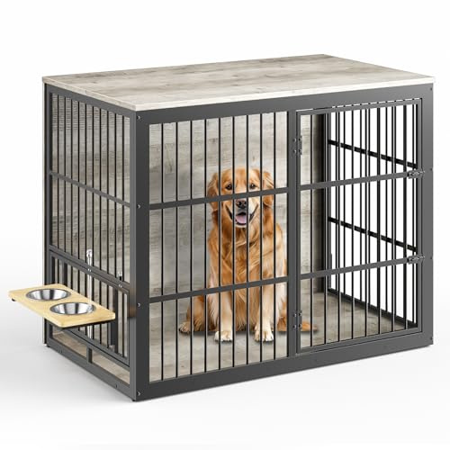 Lyromix XXL Hundekäfig-Möbel mit drehbarem Futterspender, großer Beistelltisch aus Holz, robuster Hundehüttenkäfig für mittelgroße bis große Hunde, 122 cm, Grau