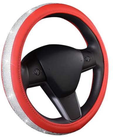 TOYOUN Auto Lenkradbezug Glitzer Lenkradhülle mit Strass Universal 37-38 cm für Frauen Bling-Bling Lenkradhüllen Lenkradschutz Auto in Leder Rot