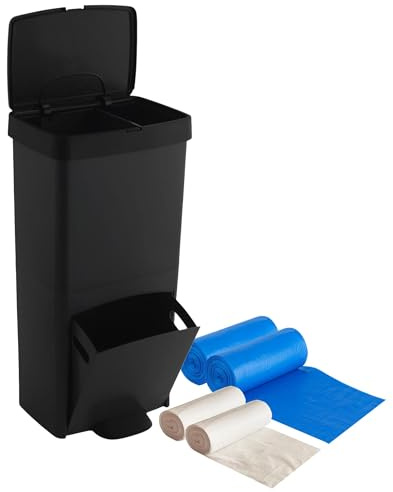 SP Berner Pack Cubo de basura o reciclaje 70L, VERTICAL, 2 Compartimentos, Papelera residuos, 76 cm, INCLUYE bolsas de basura adaptadas 30+10L, Negro