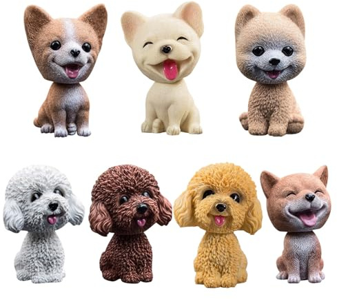 Tisujune 7 Stück Auto Schüttelt Kopf Hund Ornamente,Wackeldackel Hund Harz Wackelkopf Welpe Figur Auto Armaturenbrett Dekoration