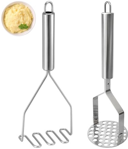 Potato Masher 2-Piece Set, Stainless Steel Kitchen Tool, Vegetables Fruits Versatile Masher, for Mashed Potatoes, Baby Food, and Guacamole, Essential for Home Cooks and Chefs, Easy to Clean
