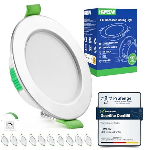 HOMEOW LED Einbaustrahler 230V Dimmbar, Led Spots 68mm - 80mm Lochmaß | Warmweiß 2700K Neutralweiß 4000K Kaltweiß 6000K Einbauspots Deckenleuchte 5W, 24mm Deckenspots IP44 für Bad, Nickel 10er Set