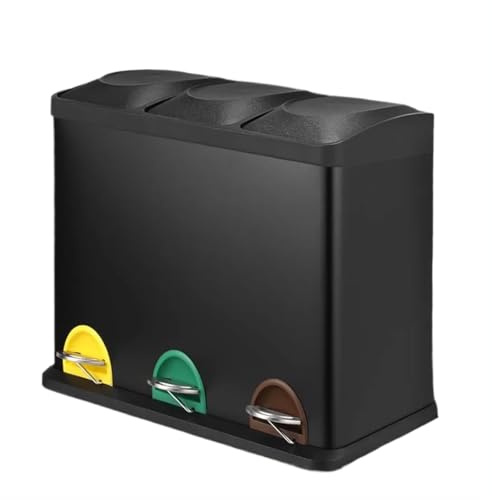 Clevich Poubelle à 3 compartiments, 3 x 15 l, système de tri sélectif avec couvercle, poubelle à pédale en acier inoxydable, seau intérieur amovible, poubelle pour cuisine, Noir