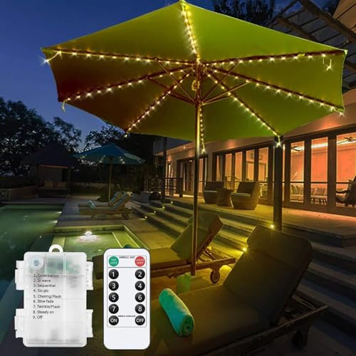 Sonnenschirmbeleuchtung, 104 wasserdichte, batteriebetriebene LED-Lichterkette mit Fernbedienung, 8 Modi, für Terrasse, Garten, Campingzelte (warmweiß)