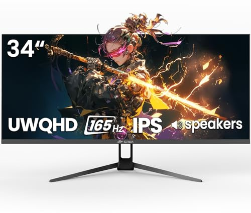 CRUA 34'' Gaming Monitor 165Hz/144Hz, UWQHD 3440x1440P IPS Ultrawide Screen Computer Monitors with Built-in Speakers, Supports FreeSync, 120% sRGB, PIP/PBP, HDMI2.0 & DP1.4, Wall Mount&Tilt Adjustable
