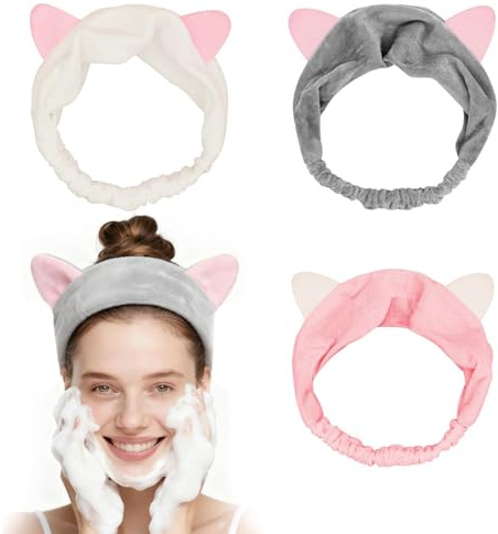 Katzenohren Haarband, Kosmetik Spa Haarbänder Damen, Skincare Abschmink Haarband, Niedlich Haarbänder mit Katzenohren Mädchen Damen für Make-up, Hautpflege, Dusche, Sport (Grau + Rosa + Weiß)