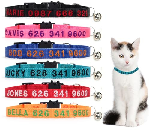 Personalisierter Katzenhalsband mit besticktem Namen, Rot | Individuell bestickter Name & Telefonnummer; Ablös‑Sicherheitsschnalle, verstellbares Nylon‑Halsband für Katzen & Kätzchen