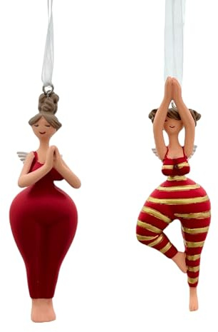 Gall&Zick Yoga Engel Hänger Set (2 STK) – handbemalte Resin-Dekohänger in Yogapose, Weihnachtsbaum-, Fenster- & Wanddeko, Geschenkidee für Yoga-Liebhaber, Yoga-Dame (Rot/Gold)