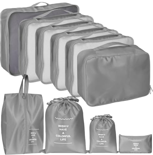 Zorplex Koffer Organizer Set, 10-teiliges Packing Cube Set für Koffer, Packwürfel, Reise Accessoires, Kleidertaschen, Schuhbeutel und Kosmetik-Organizer (Grau)