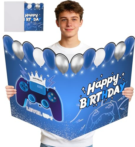 Game Birthday Card for Boys Men, Jumbo Birthday Card for Gamer with Envelope, Funny Video Game HAPPY BIRTHDAY Card Gaming Birthday Decorations, Gaint Bday Guest Book for Signature Bday Gifts Party Decor for Boys Girls