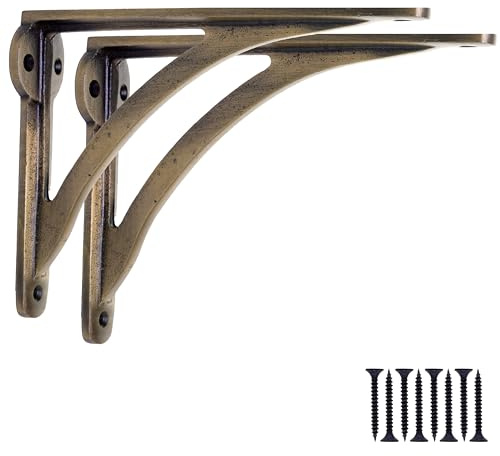 EDUWURXS Ironbridge Antique Brass Shelf Brackets 5.5x7in, Pair | Heavy-duty antique brass-effect shelf brackets for wall-mounted shelving with a traditional finish.