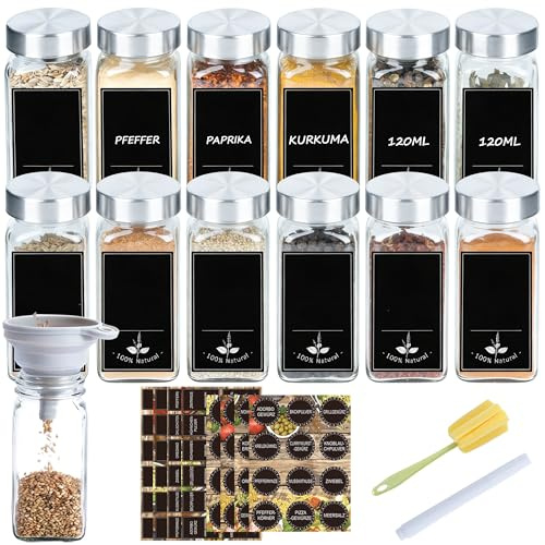 Verdego Gewürzgläser Eckig (12x 120ml), Gewürzdosen mit Edelstahldeckel, Trichter, Etiketten und Stift, Gewürzstreuer Transparenter 10.4 x 4 cm, Spice Jars, Gewürzbehälter Leer, Gewürzglas